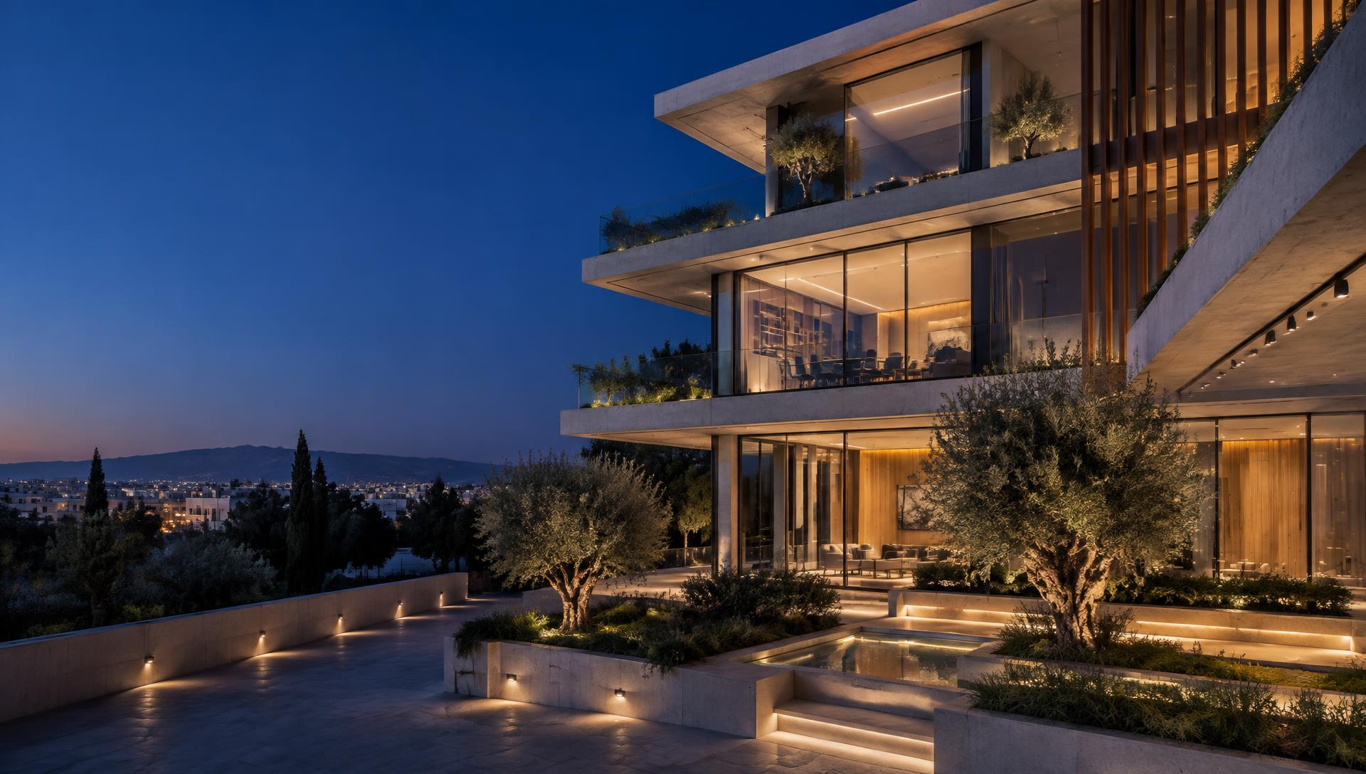 Illustrative contemporary residential architecture with integrated lighting at dusk